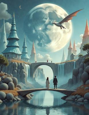 Primary subject: A man and a woman standing on a bridge, looking at the moon.

Setting/background: The scene takes place in a fantasy world with a castle in the background and a waterfall nearby.

Visual style: The image is a digital artwork, featuring a surreal and imaginative setting.

Colors and mood: The colors in the image are predominantly dark, with the moon being the main source of light. The overall atmosphere is serene and dreamy.